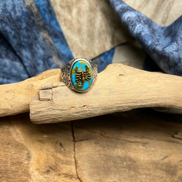 2133-PTT 925 Silver Color Metal Plated Skull & Scorpion Turquoise Color Bikers - Picture 11 of 11